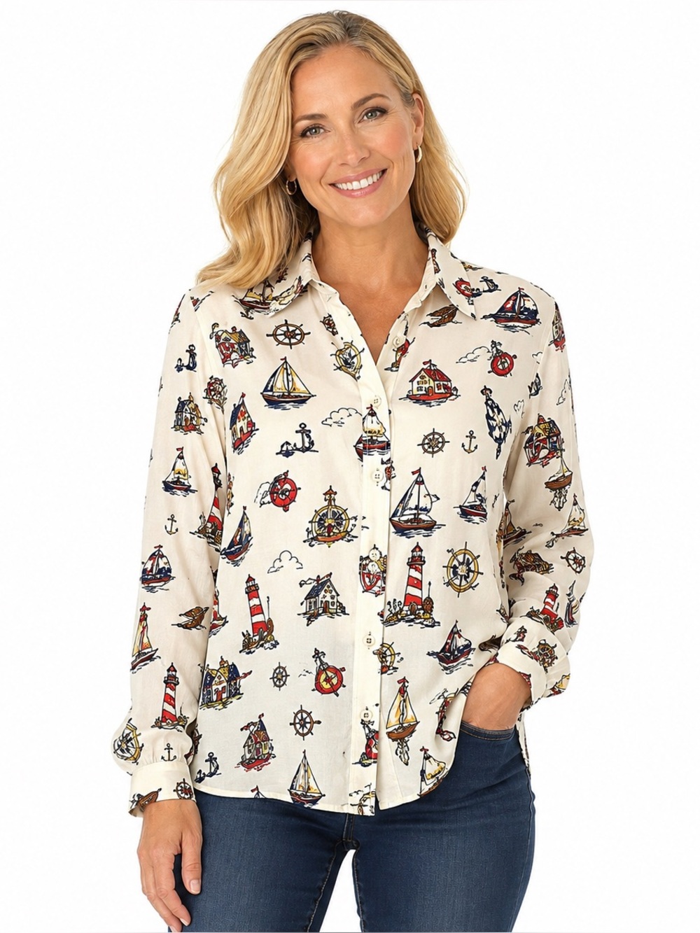 Liz Claiborne Elisabeth Rayon Nautical Print Button Up Shirt Women’s 14